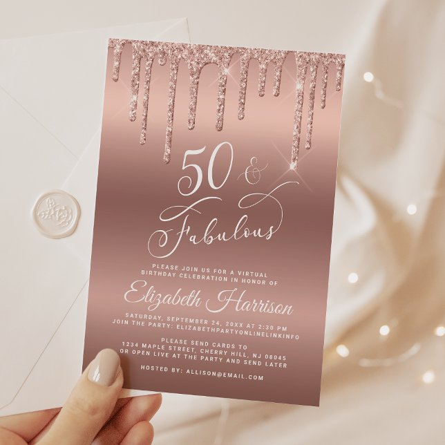 Invitación 50 Fabulous Rose Gold Glitter Birthday Party (50 & Fabulous: Toast to a Life Well Celebrated!)