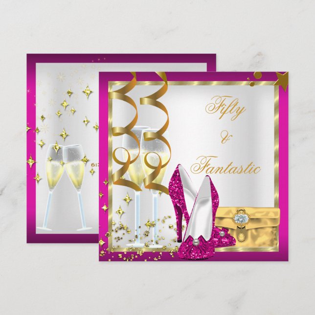 Invitación 50 & Fantástico Cumpleaños de Rosa Caliente y Oro  (Anverso / Reverso)