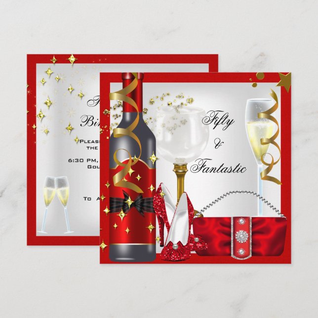 Invitación 50 & Fantástico Cumpleaños Rojo Blanco Oro Fiesta (Anverso / Reverso)