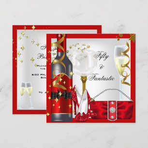 Invitación 50 & Fantástico Cumpleaños Rojo Blanco Oro Fiesta
