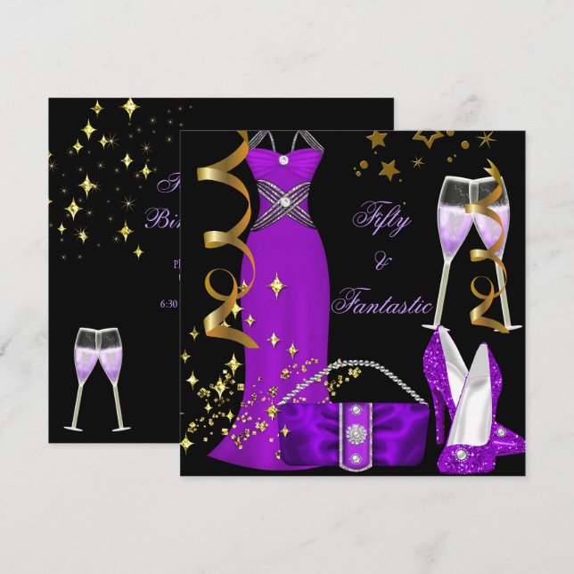 Invitación 50 Fantástico Vestido Púrpura Dorado Negro Cumplea (Anverso / Reverso)