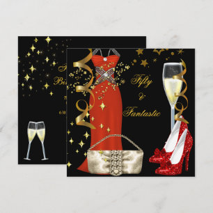 Invitación 50 Fantástico vestido rojo Cumpleaños negro oro