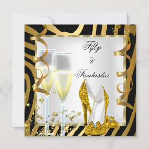Invitación 50 & Fantástico Zebra Negro Blanco Oro Fiesta