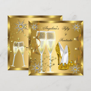 Invitación 50 & Fantásticos Tacones de Champagne Dorados Copo