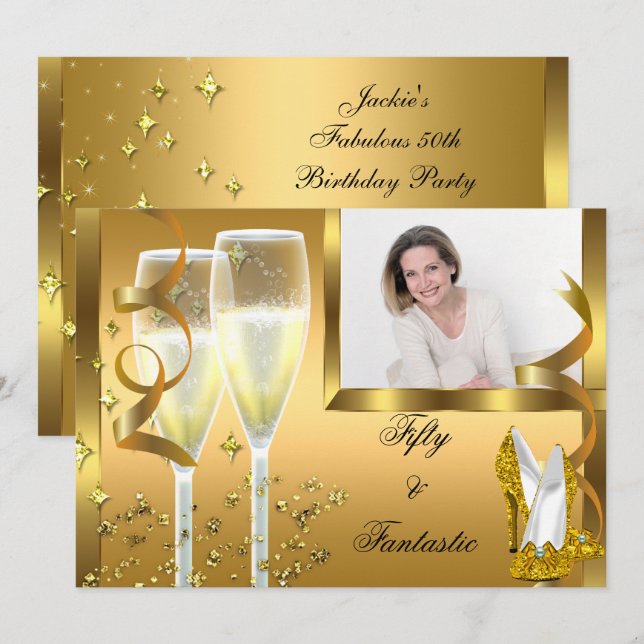 Invitación 50 & Fantásticos Tacones de Champán Elegantes Dora (Anverso / Reverso)