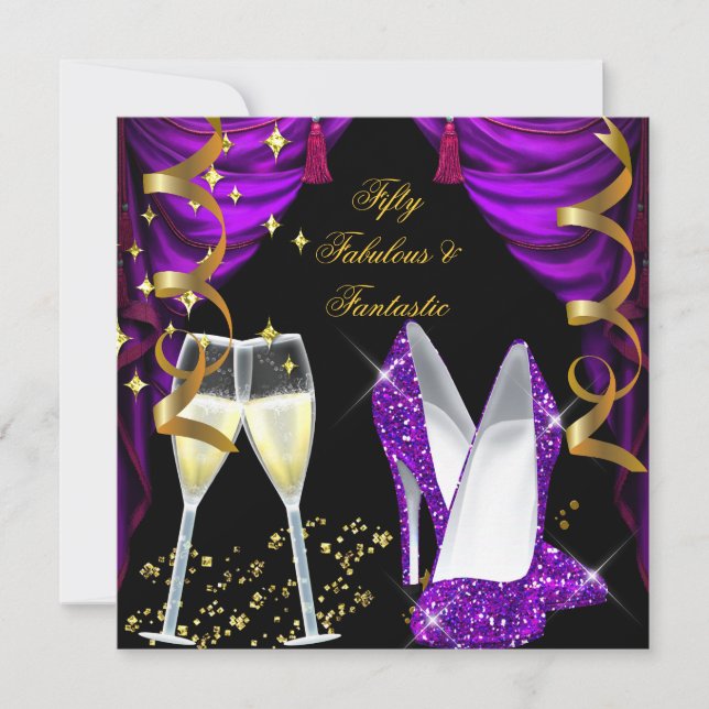 Invitación 50 Fiestas de Champán Morado Fabulosas y Fantástic (Anverso)