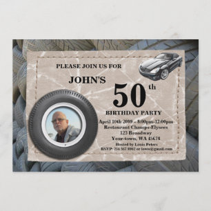Invitación 50, foto del cumpleaños, cualquier edad, coche dep
