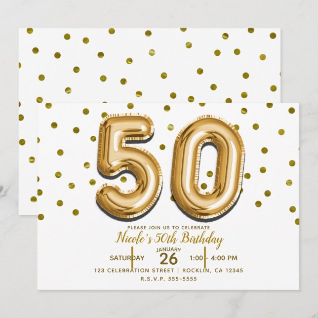 Invitación 50 Globos de Oro y Confeti Fiesta de Cumpleaños 50 (Anverso / Reverso)