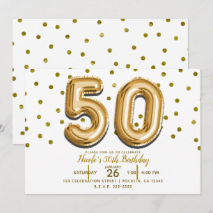 Invitación 50 Globos de Oro y Confeti Fiesta de Cumpleaños 50