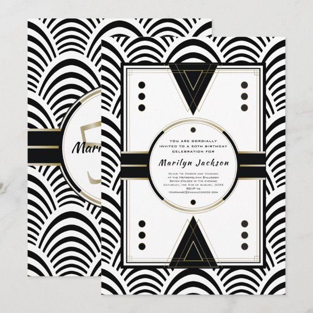 Invitación 50.o art déco elegante de la fiesta de cumpleaños (Anverso / Reverso)