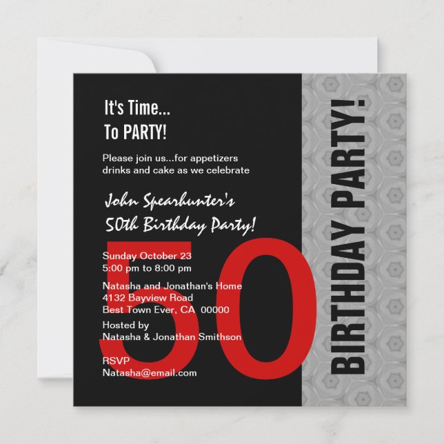 Invitación 50.o Cumpleaños D845 divertido negro de plata rojo (Anverso)