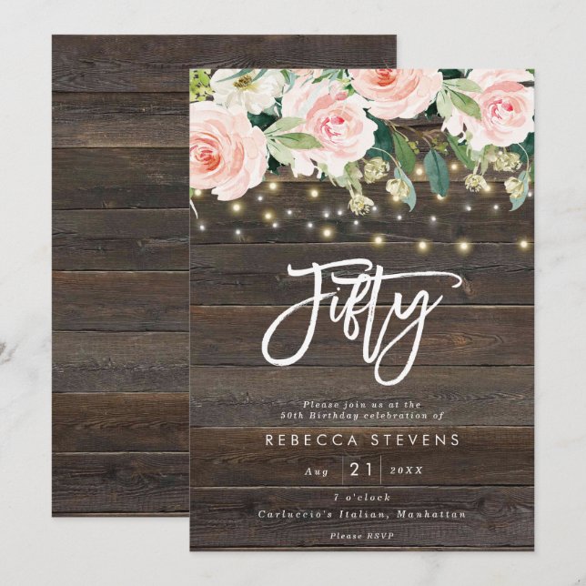 Invitación 50.o cumpleaños de las luces rústicas florales de (Anverso / Reverso)