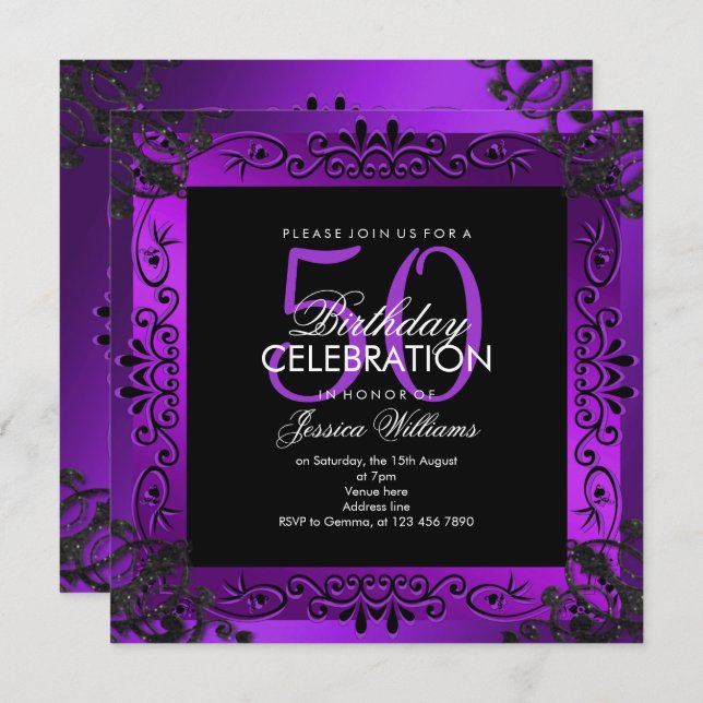 Invitación 50.o cumpleaños enmarcado decorativo púrpura (Anverso / Reverso)