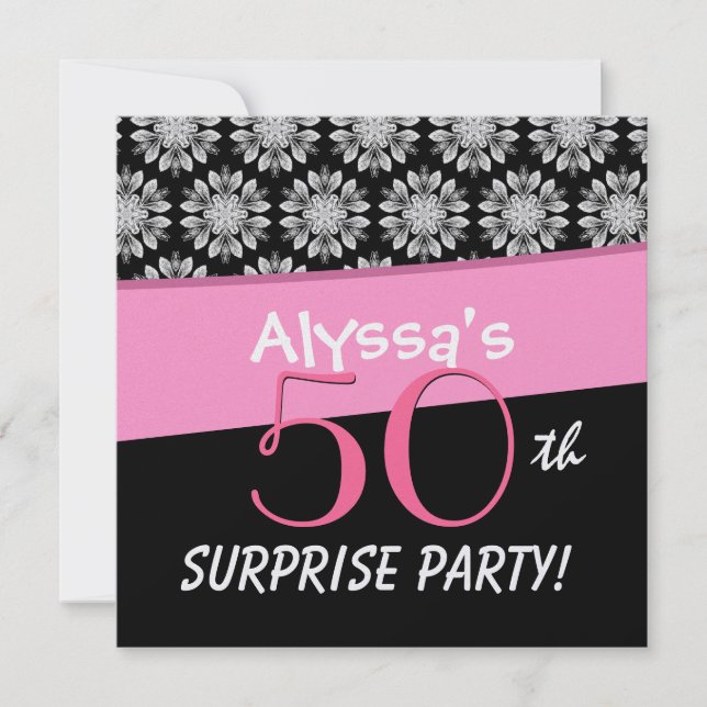 Invitación 50.o Estampado de plores blanco y negro del fiesta (Anverso)