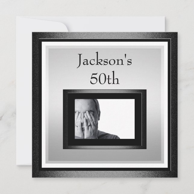 Invitación 50.o Foto negra de plata blanca del cumpleaños (Anverso)