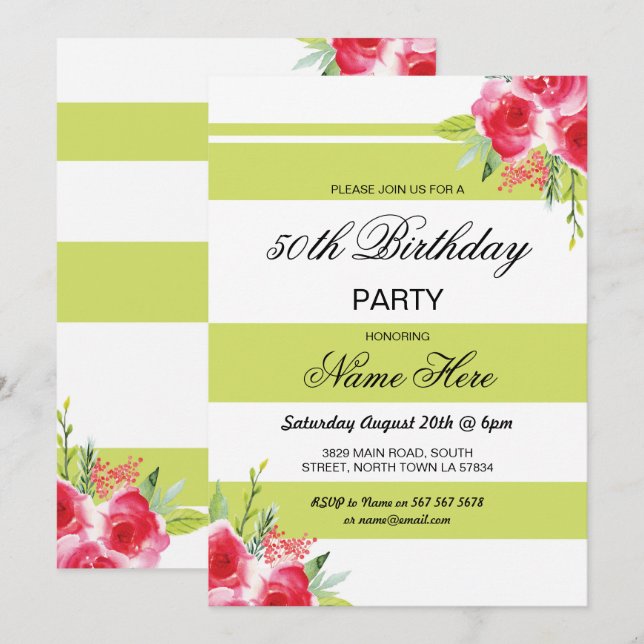 Invitación 50.o Los rosas de verde lima de la raya de la (Anverso / Reverso)