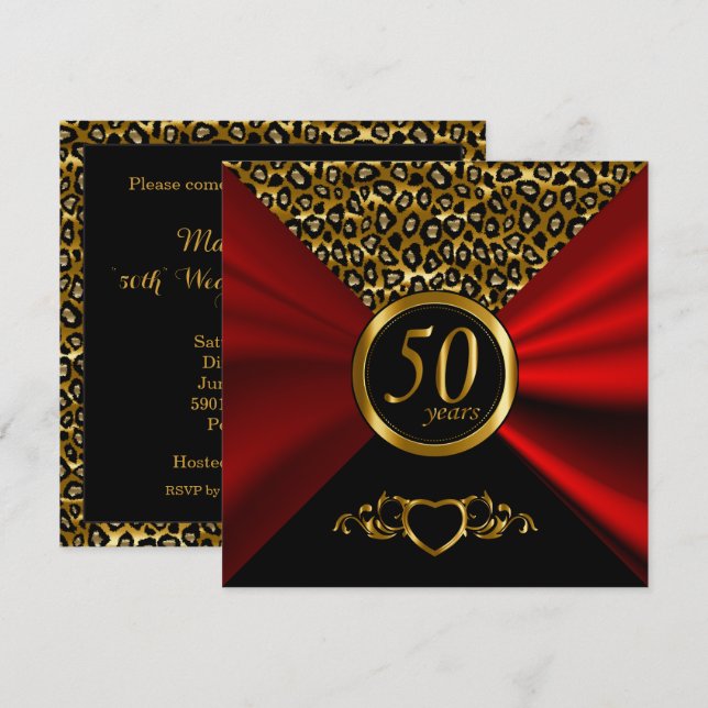 Invitación 50.o Modelo del leopardo del aniversario de boda (Anverso / Reverso)