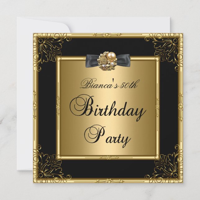 Invitación 50.o negro para mujer del oro de la fiesta de (Anverso)