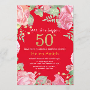 Invitación 50.o purpurina y rojo del oro del cumpleaños de la