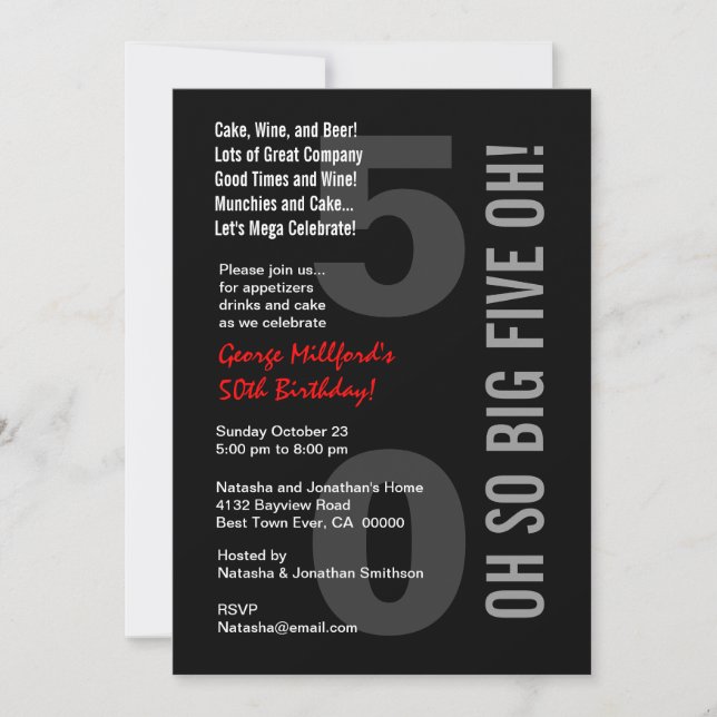 Invitación 50.o ¡Rojo blanco CINCO OH del negro moderno del (Anverso)
