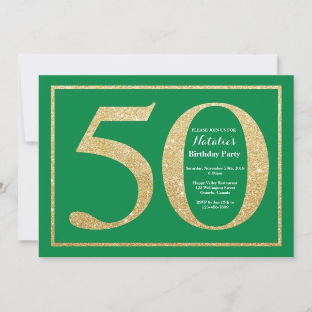 Invitación 50.o Verde del cumpleaños y purpurina del oro (Anverso)