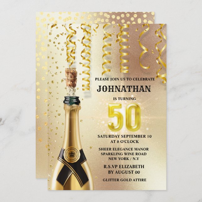 Invitación 50 purpurina de oro espumoso fiesta elegante (Anverso / Reverso)