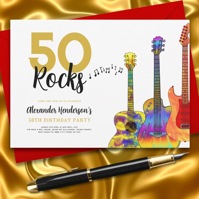 Invitación 50 Rocks Guitarra Cool Fiesta de Cumpleaños 50 (Rock and roll 50th birthday party invitation cool colorful guitar 50 rocks black and gold)
