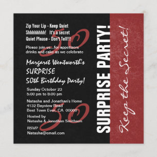 Invitación 50° SORPRESA cumpleaños negro y rojo Grunge