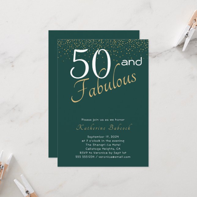 Invitación 50 y el fabuloso oro verde esmeralda 50 cumpleaños (Anverso/Reverso In Situ)