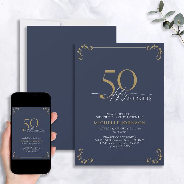 Invitación 50 y fabulosa caligrafía azul y oro Cumpleaños (Subido por el creador)