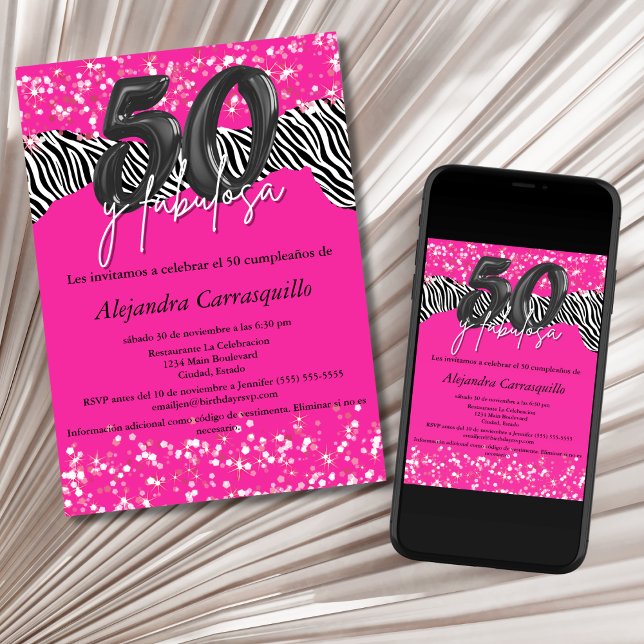 Invitación 50 y Fabulosa Cebra Rosa Caliente Cumpleaños 50 Es (Subido por el creador)