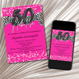 Invitación 50 y Fabulosa Cebra Rosa Caliente Español 50 cumpl