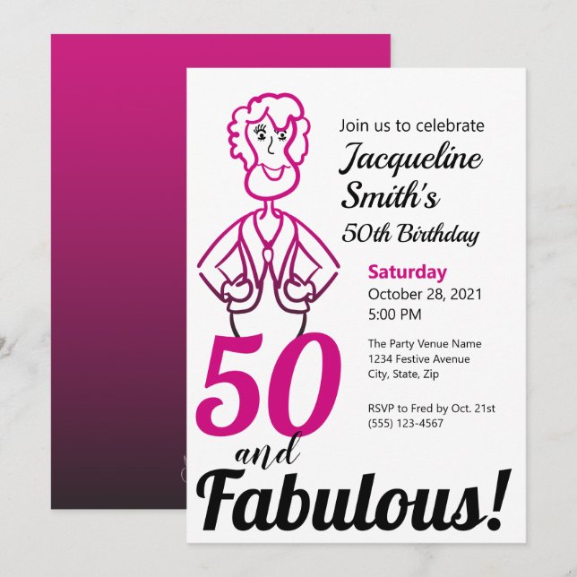 Invitación 50 y Fabulosa Dama Rosa y Negra (Anverso / Reverso)