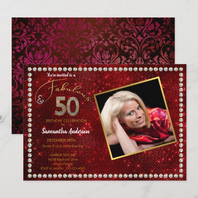 Invitación 50 y fabulosa fiesta de cumpleaños 50 de Red Bling (Anverso / Reverso)
