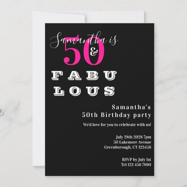 Invitación 50 y fabulosa fiesta de cumpleaños 50 del Hot Pink (Anverso)