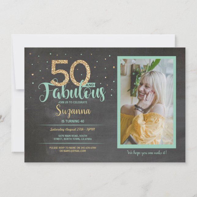 Invitación 50 y fabulosa fiesta de cumpleaños 50° foto de oro (Anverso)