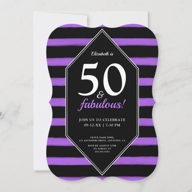Invitación 50 y fabulosa fiesta de cumpleaños 50 púrpura y ne (Anverso)