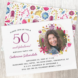 Invitación 50 y fabulosa fiesta de cumpleaños de foto floral