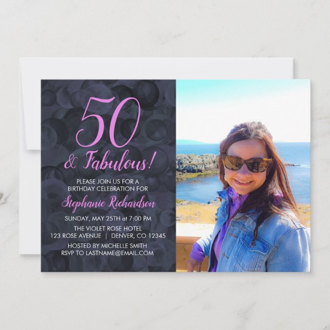 Invitación 50 y fabulosa fiesta de cumpleaños de foto negra r (Anverso)