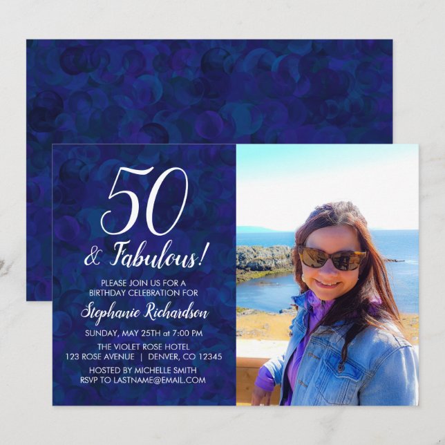 Invitación 50 y fabulosa fiesta de cumpleaños de la foto azul (Anverso / Reverso)