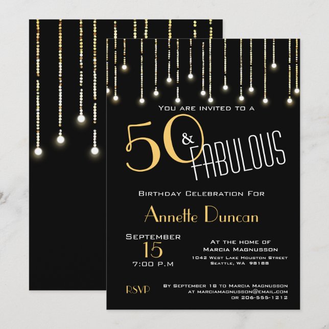 Invitación 50 y fabulosa fiesta de cumpleaños de las luces ne (Anverso / Reverso)