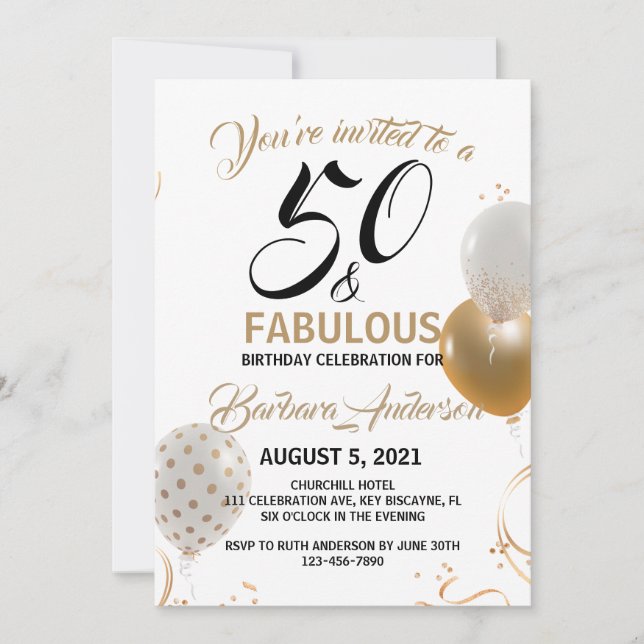 Invitación 50 y fabulosa fiesta de cumpleaños de oro negro (Anverso)