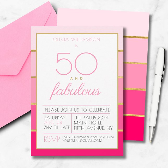 Invitación 50 y fabulosa fiesta de cumpleaños de oro rosa (50 and fabulous, modern pink and gold, fiftieth birthday party invitation. 50th birthday party)