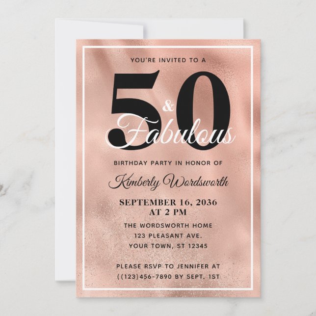 Invitación 50 y fabulosa fiesta de cumpleaños del oro Glam Ro (Anverso)