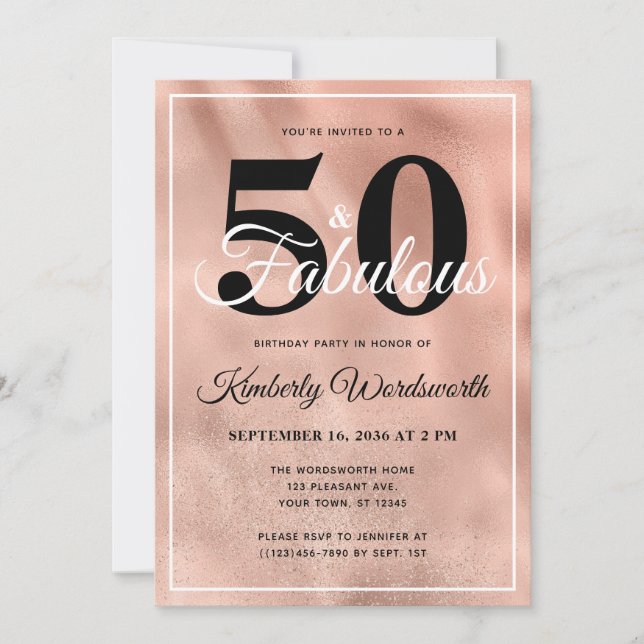 Invitación 50 y fabulosa fiesta de cumpleaños del oro Glam Ro (Anverso)