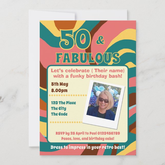 Invitación 50 y fabulosa fiesta de cumpleaños estilo retro (Anverso)