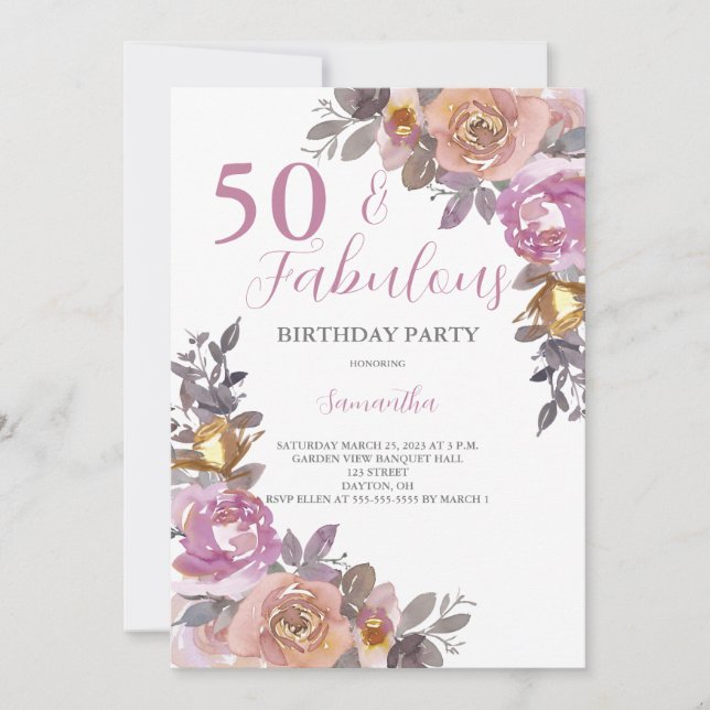 Invitación 50 y fabulosa fiesta de cumpleaños floral acuarela (Anverso)