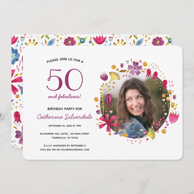 Invitación 50 y fabulosa fiesta de cumpleaños floral acuarela (Anverso / Reverso)