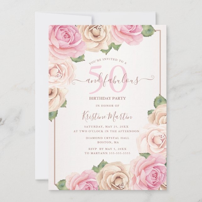 Invitación 50 y fabulosa fiesta de cumpleaños floral de oro R (Anverso)
