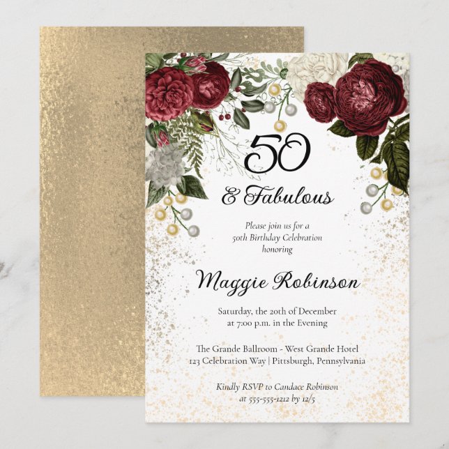 Invitación 50 y fabulosa fiesta de cumpleaños floral Glam Ros (Anverso / Reverso)